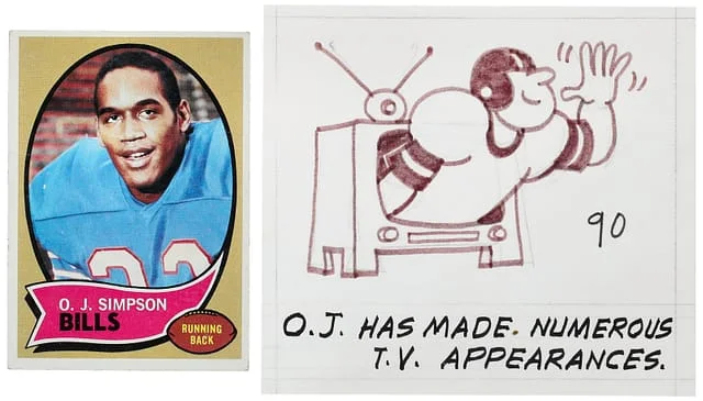 1970 Topps O.J. Simpson Original Art Rendering of Cardback Design, with Finished Card (2 Items) #90 card image
