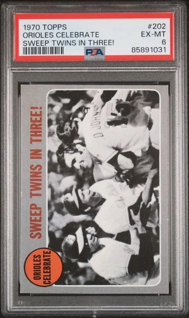 1970 Topps Orioles Celebrate Sweep Twins In Three! #202 card image