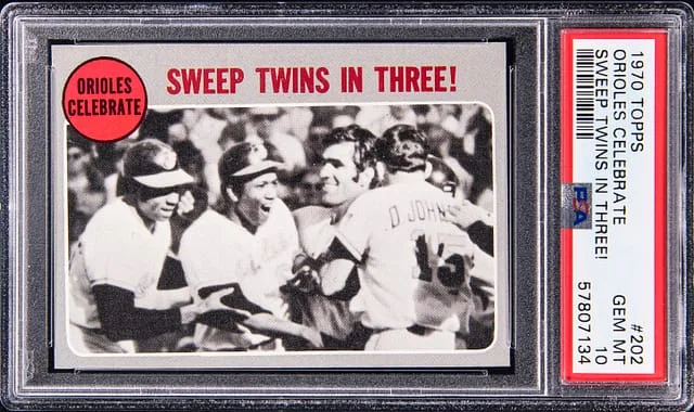 1970 Topps Orioles Celebrate Sweep Twins in Three #202 card image
