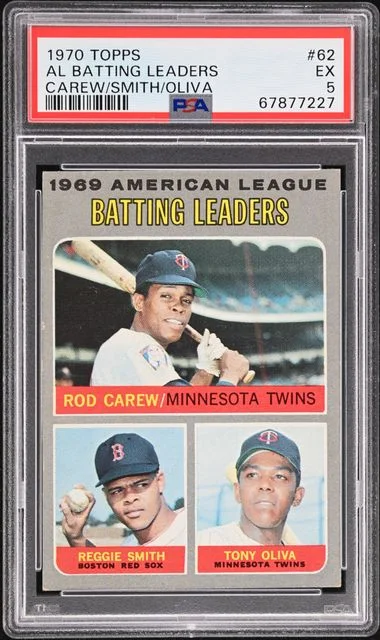 1970 Topps Rod Carew/Reggie Smith/Tony Oliva AL Batting Leaders #62 card image