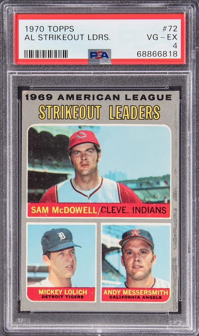 1970 Topps Sam McDowell/Mickey Lolich/Andy Messersmith AL Strikeout Leaders #72 card image