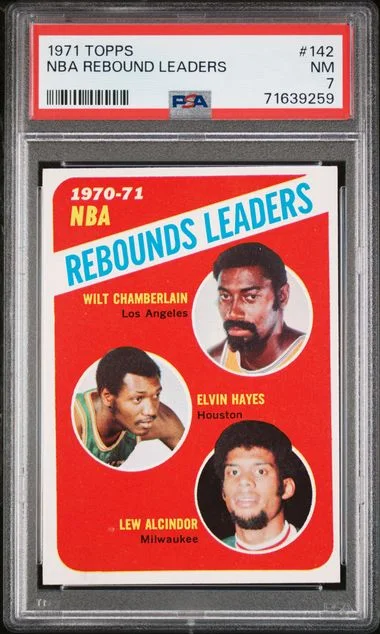 1971-72 NBA Rebound Leaders Topps W.Chamberlin/E.Hayes/L.Alcindor #142 card image