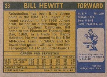 1971-72 Topps Bill Hewitt #23 card back image