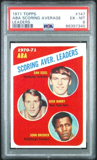 1971-72 Topps Dan Issel/Rick Barry/John Brisker ABA Scoring Average Leaders #147 card image