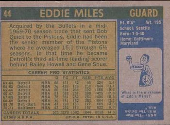 1971-72 Topps Eddie Miles #44 card back image