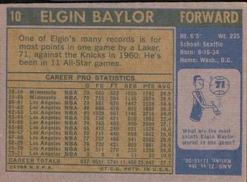 1971-72 Topps Elgin Baylor #10 card back image