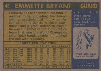 1971-72 Topps Emmette Bryant #48 card back image