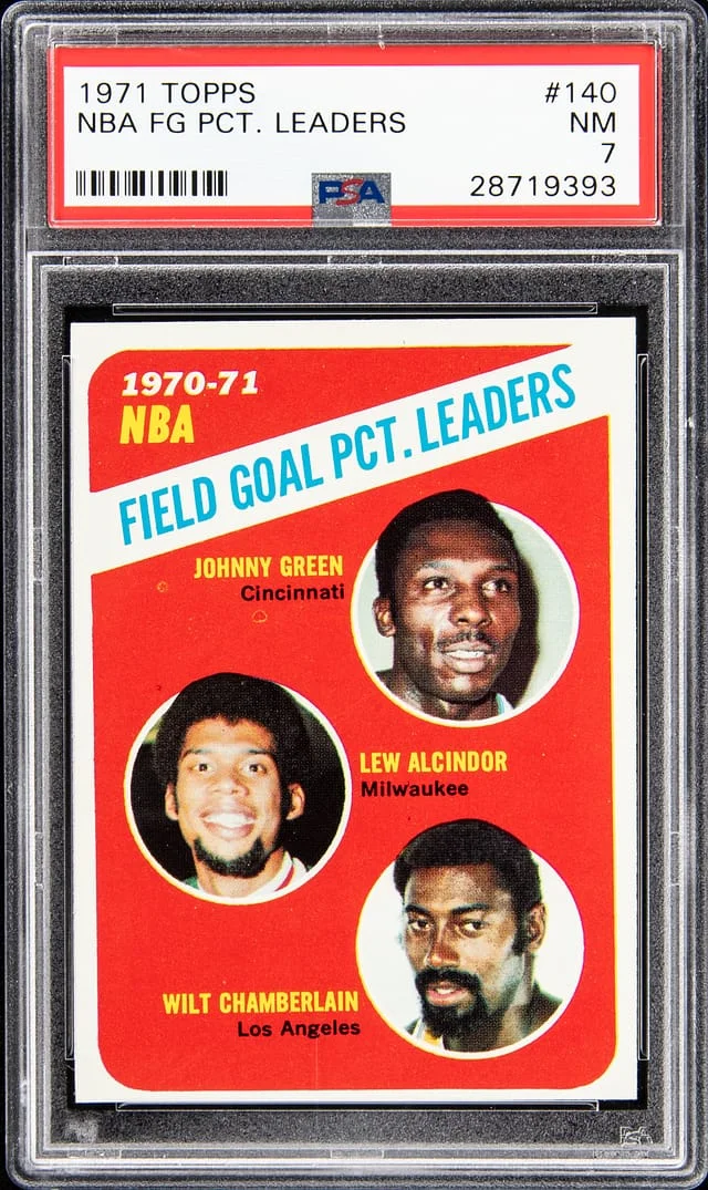 1971-72 Topps FG Percentage Leaders Green/Alcindor/Chamberlain #140 card image