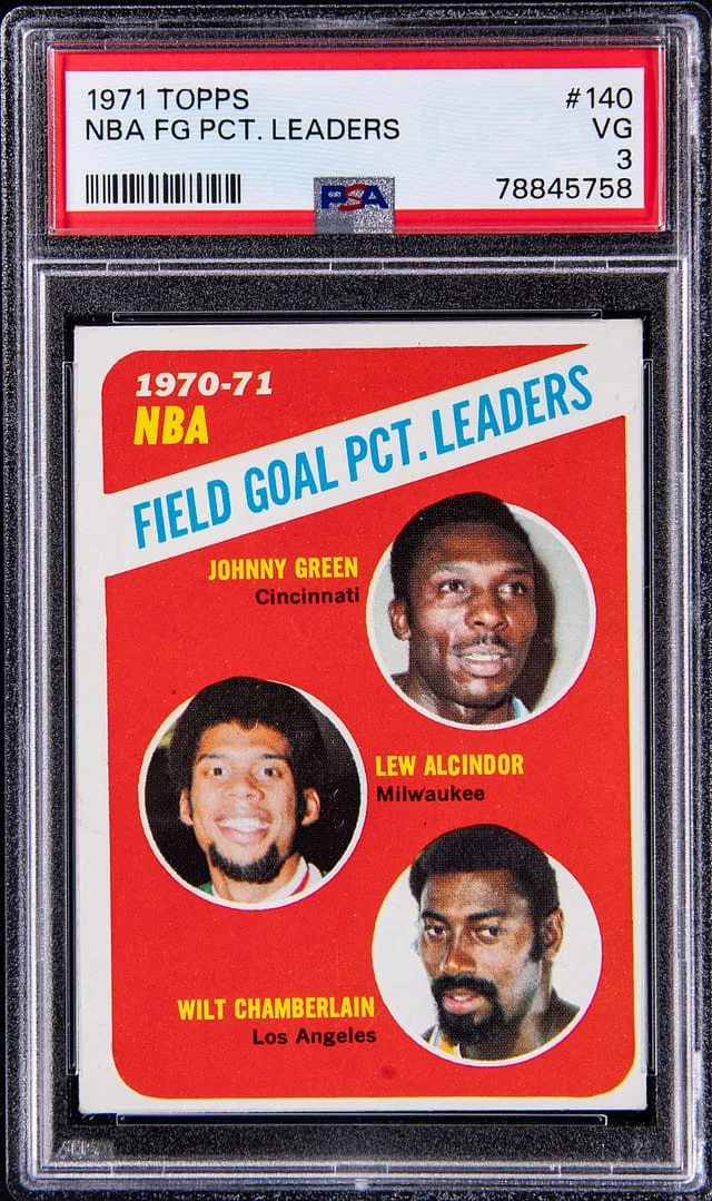1971-72 Topps Green/Alcindor/Chamberlain NBA Field Goal Leaders #140 card image