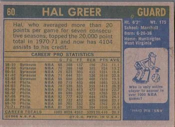 1971-72 Topps Hal Greer #60 card back image