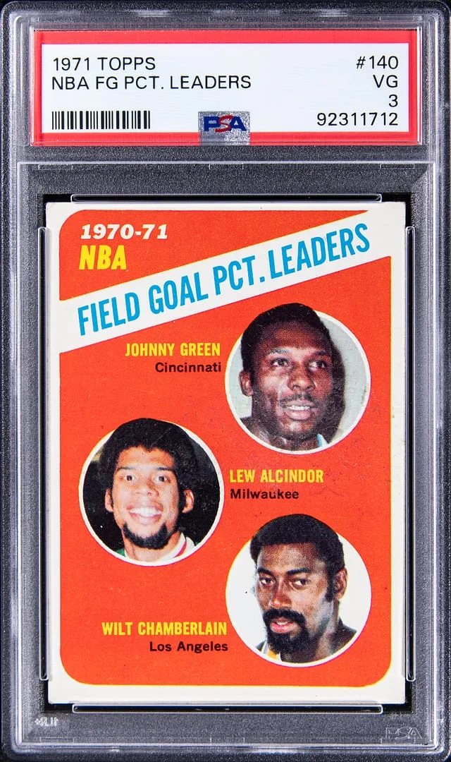 1971-72 Topps Johnny Green/Lew Alcindor/Wilt Chamberlain NBA Field Goal Percentage Leaders #140 card image