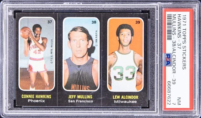 1971-72 Topps Sticker Connie Hawkins/Jeff Mullins/Lew Alcindor (Kareem Abdul-Jabbar) #no-number card image