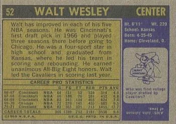 1971-72 Topps Walt Wesley #52 card back image