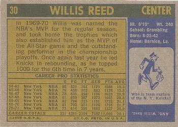1971-72 Topps Willis Reed #30 card back image