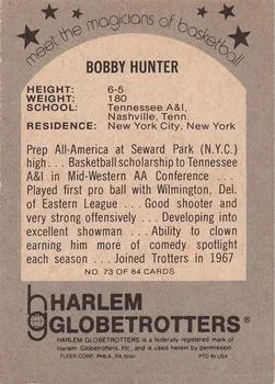 1971 Fleer Harlem Globetrotters Bobby Hunter #73 card back image