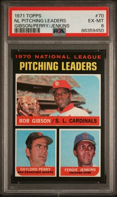 1971 Topps B.Gibson/G.Perry/F.Jenkins N.L. Pitching Leaders #70 card image