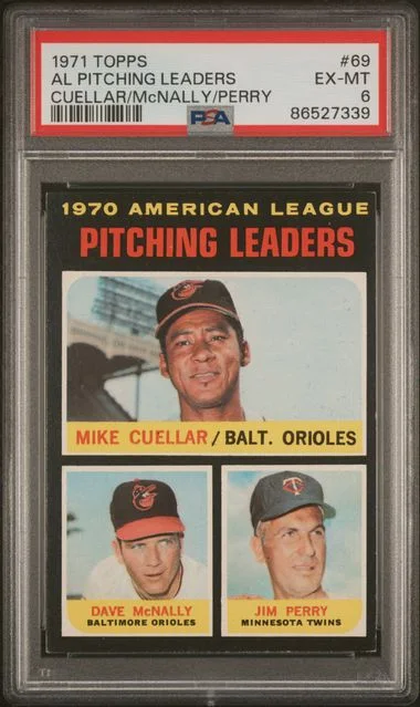 1971 Topps Cuellar/McNally/Perry A.L Pitching Leaders #69 card image