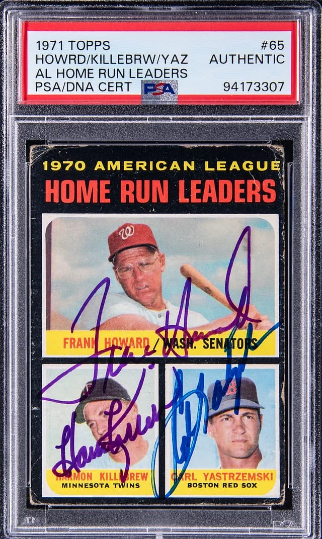 1971 Topps Frank Howard/Harmon Killebrew/Carl Yastrzemski Multi-Signed 1970 AL Home Run Leaders #65 card image