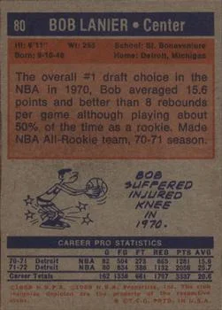1972-73 Topps Bob Lanier #80 card back image