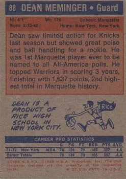 1972-73 Topps Dean Meminger #88 card back image