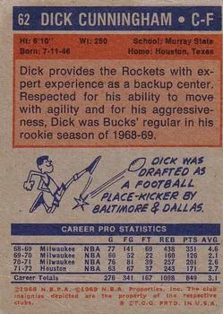 1972-73 Topps Dick Cunningham #62 card back image