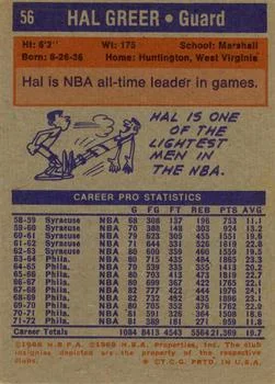 1972-73 Topps Hal Greer #56 card back image