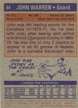 1972-73 Topps John Warren #64 card back image