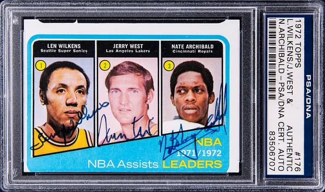 1972-73 Topps Len Wilkens/Jerry West/Nate Archibald Multi-Signed #176 card image
