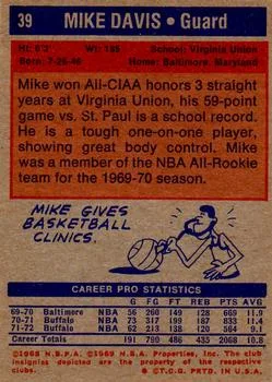 1972-73 Topps Mike Davis #39 card back image