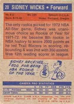 1972-73 Topps Sidney Wicks #20 card back image