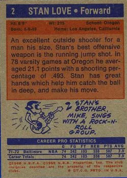 1972-73 Topps Stan Love #2 card back image