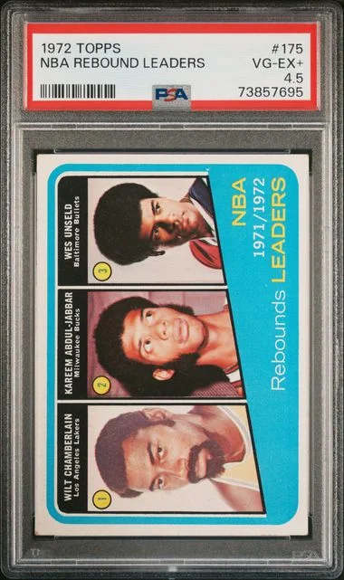 1972-73 Topps Wilt Chamberlain/Kareem Abdul-Jabbar/Wes Unseld NBA Rebound Leaders #175 card image