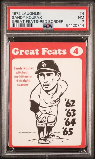 1972 Laughlin Great Feats Sandy Koufax, Red Border #4 card image