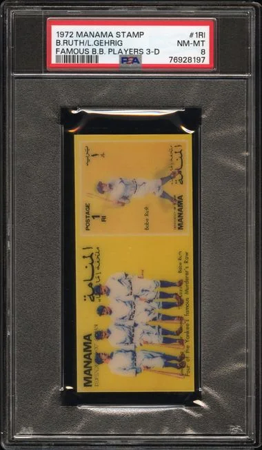 1972 Manama Stamp Famous Baseball Players 3-D Babe Ruth/Lou Gehrig #1Rl card image