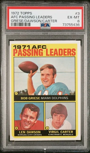 1972 Topps AFC Passing Leaders Griese/Dawson/Carter #3 card image