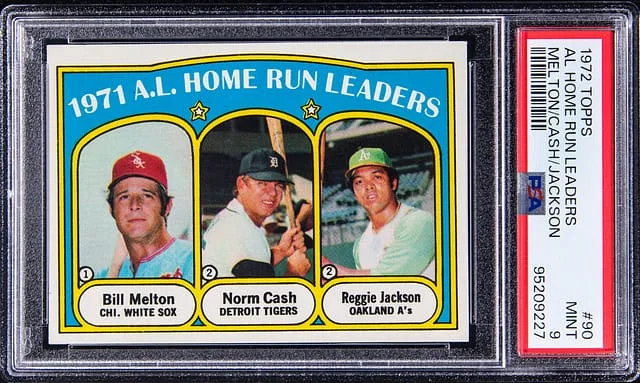 1972 Topps Bill Melton/Norm Cash/Reggie Jackson American League Home Run Leaders #90 card image