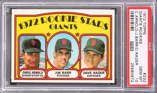 1972 Topps Chris Arnold/Jim Barr/Dave Rader Giants Rookies #232 card image