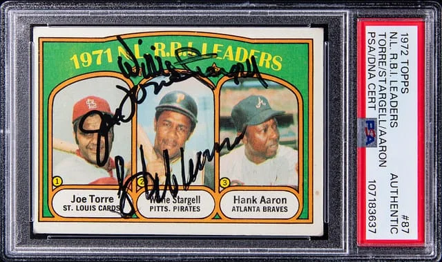 1972 Topps Hank Aaron/Willie Stargell/Joe Torre Multi-Signed 1971 RBI Leaders #87 card image