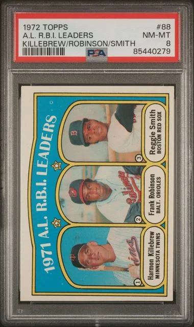 1972 Topps Killebrew/Robinson/Smith A.L. R.B.I. Leaders #88 card image