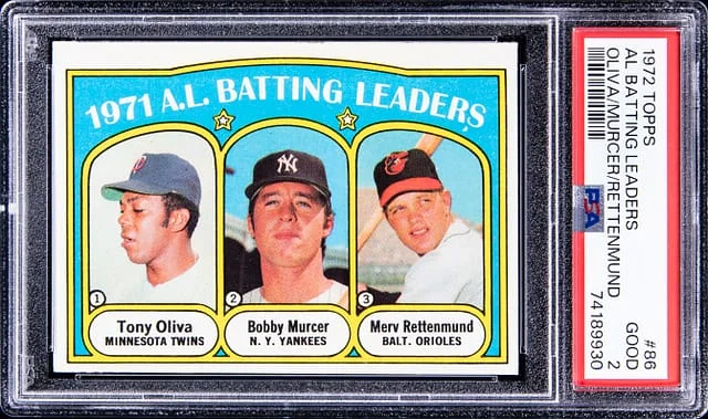 1972 Topps Oliva/Murcer/Rettenmund AL Batting Leaders #86 card image