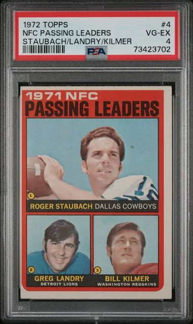 1972 Topps Roger Staubach/Greg Landry/Bill Kilmer NFC Passing Leaders #4 card image