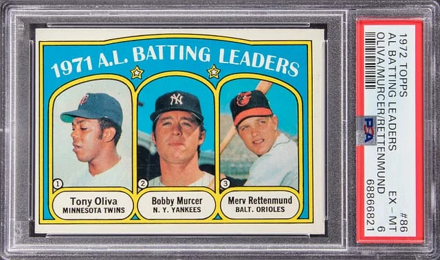 1972 Topps Tony Oliva/Bobby Murcer/Merv Rettenmund AL Batting Leaders #86 card image