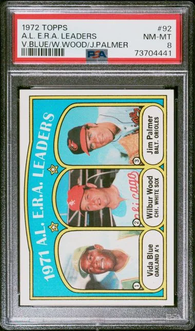 1972 Topps V.Blue/W.Wood/J.Palmer A.L. E.R.A. Leaders #92 card image