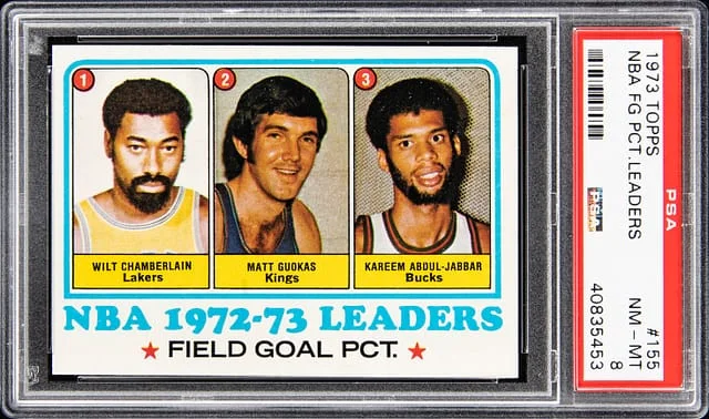 1973-74 Topps NBA FG Percentage Leaders Chamberlain/Guokas/Abdul-Jabbar #155 card image