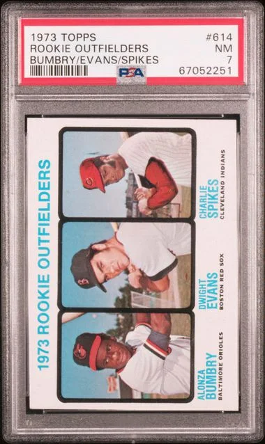 1973 Topps Alonza Bumbry/Dwight Evans/Charlie Spikes Outfielders #614 card image