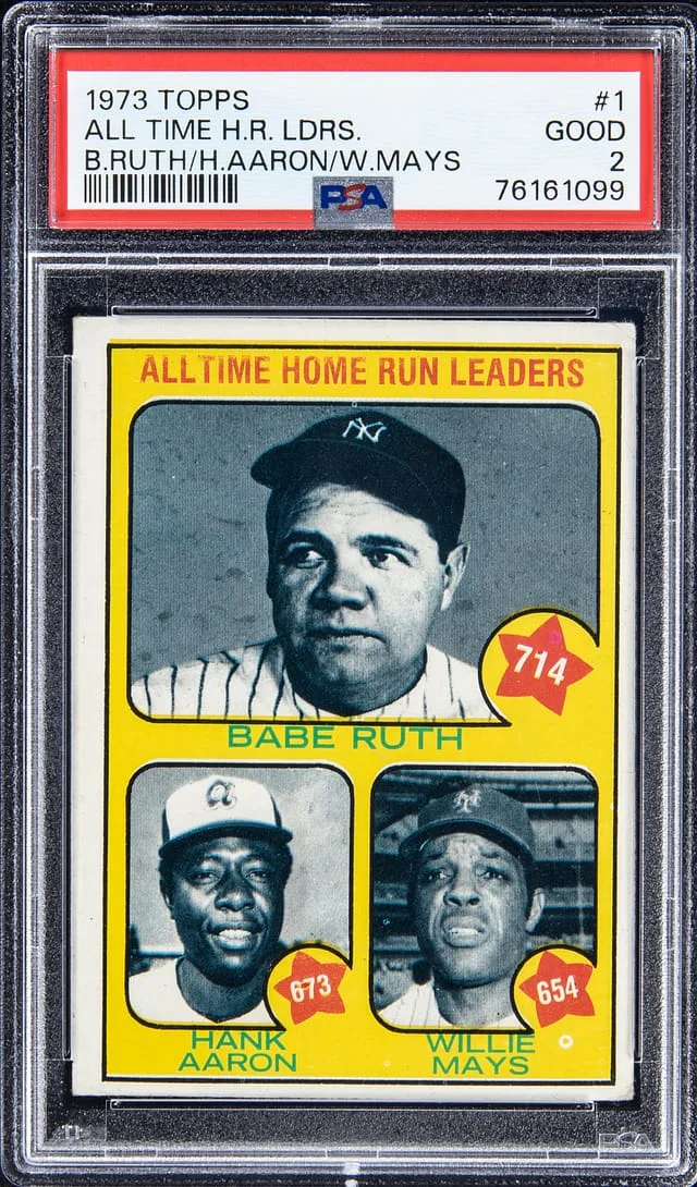 1973 Topps Babe Ruth, Hank Aaron, Willie Mays All Time H.R. Leaders #1 card image