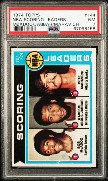 1974-75 Topps Bob MacAdoo/Pete Maravich/Kareem Abdul-Jabbar NBA Scoring Leaders #144 card image