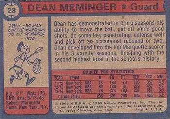 1974-75 Topps Dean Meminger #23 card back image