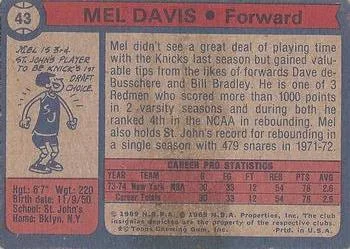 1974-75 Topps Mel Davis #43 card back image