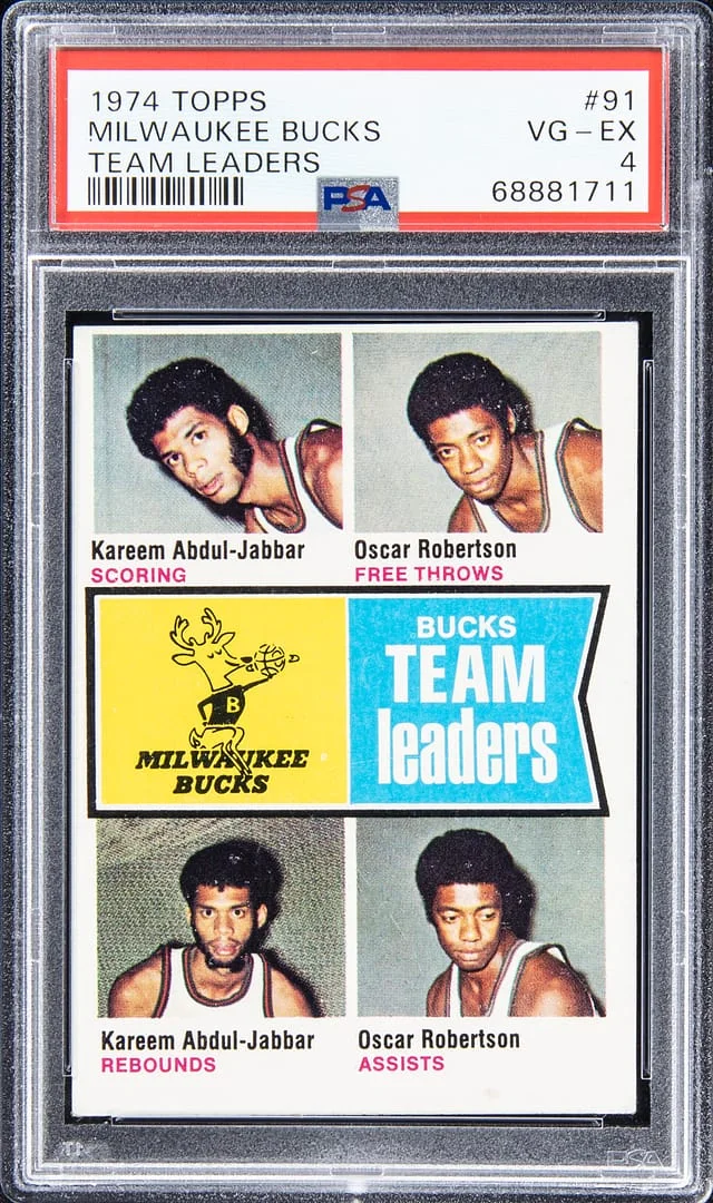 1974 Topps Kareem Abdul-Jabbar, Oscar Robertson Milwaukee Bucks Team Leaders #91 card image